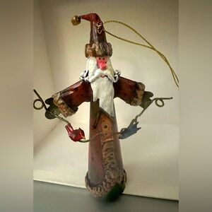Folk Art Tin Metal Santa Claus Cone Ornament Figure Primitive Christmas Birds